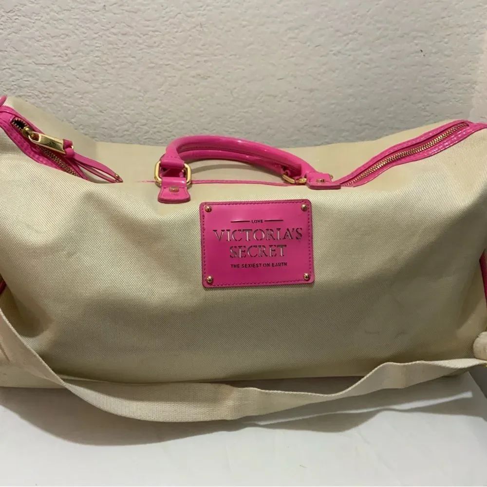 Victoria's Secret XL Duffle Weekender Bag Beige Pink 22”x11”x10”